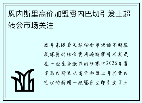 恩内斯里高价加盟费内巴切引发土超转会市场关注