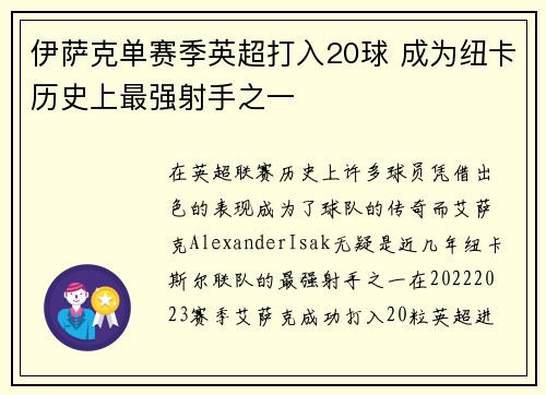伊萨克单赛季英超打入20球 成为纽卡历史上最强射手之一